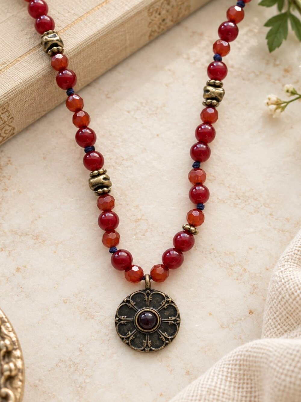 Vintage Lucky Brand Red Beaded Floral Medallion Necklace